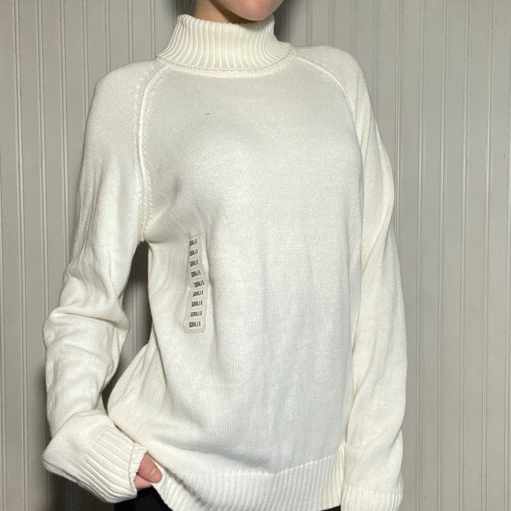 NWOT Jeanne Pierre Minimalist White Rollneck Sweater Preppy Everyday Cotton - XL